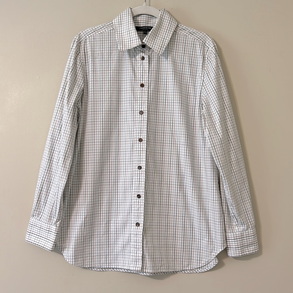 Lafayette 148 New York White Button Up Long Sleeve Dress Shirt Large Grid Print - Picture 2 of 13